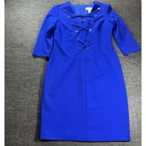 Joseph Ribkoff Sheath Dress Womens 12 Blue Lace Up Grommet Neckline V Neck Midi